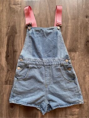 Cider Denim Short Overalls with Pink Adjustable Straps